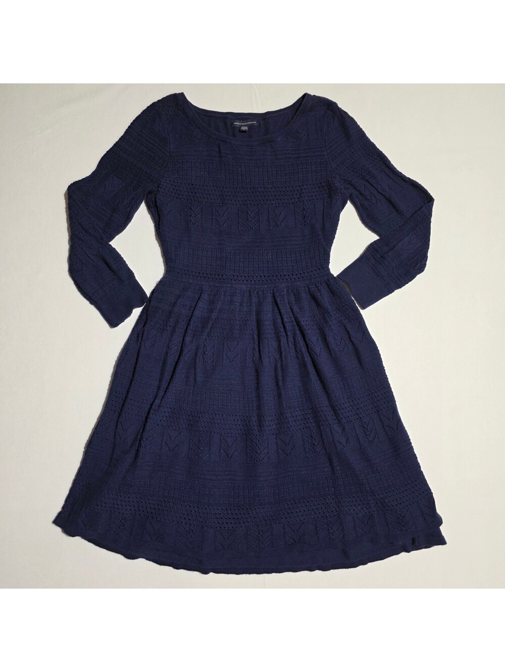 American Eagle Outfitters Navy Blue Pointelle Knit Long Sleeve Dress Medium